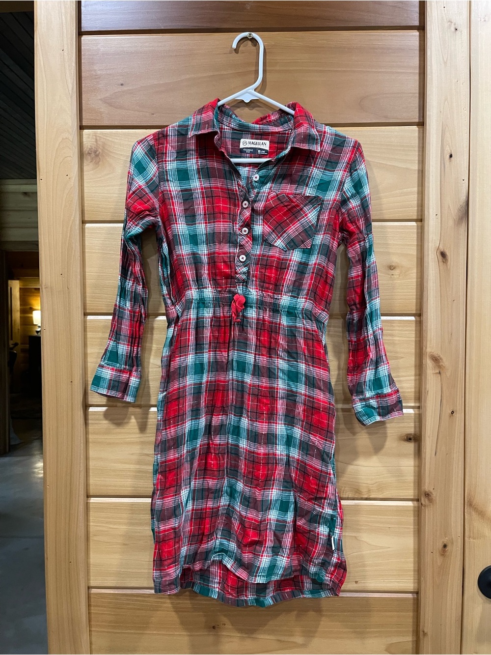 Magellan Outdoors Red and Green Plaid Button-Front Shirt Dress